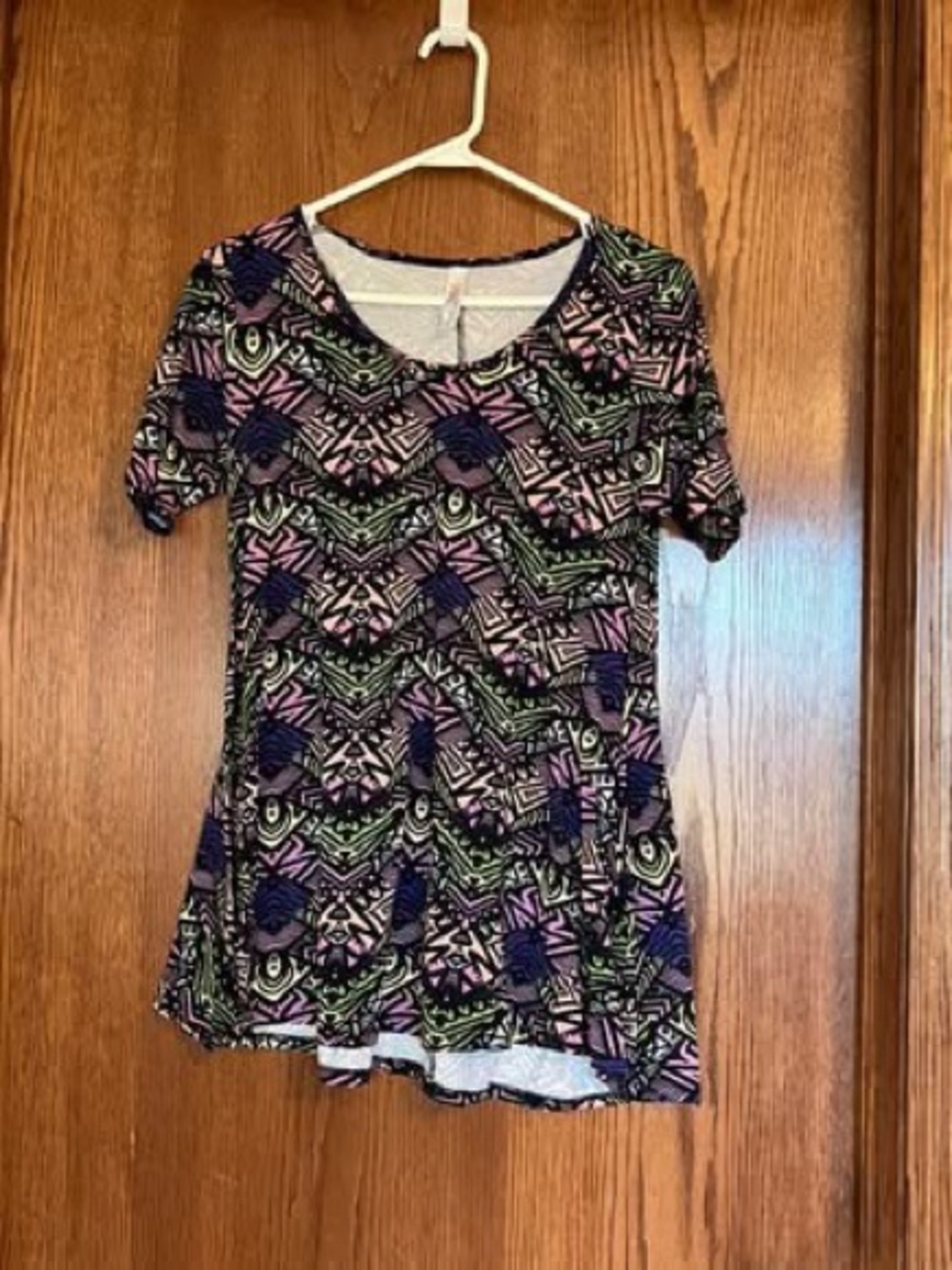LuLaRoe Short Sleeve Tunic in Black, Purple & Green Aztec Print